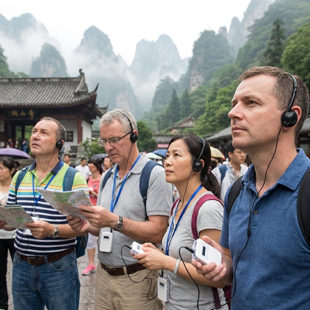 The tourists use yingmi M7 audio guide device to visit the scenic spots.
