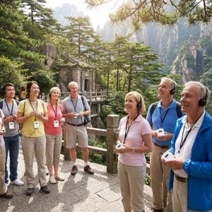 The tourists use yingmi M7 audio guide device to visit the scenic spots.
