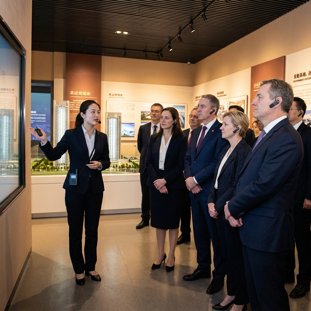 Corporate and government delegation wearing audio guide earpieces listening to a presenter with a wireless guide device in a modern business venue with urban architecture outside the glass windows