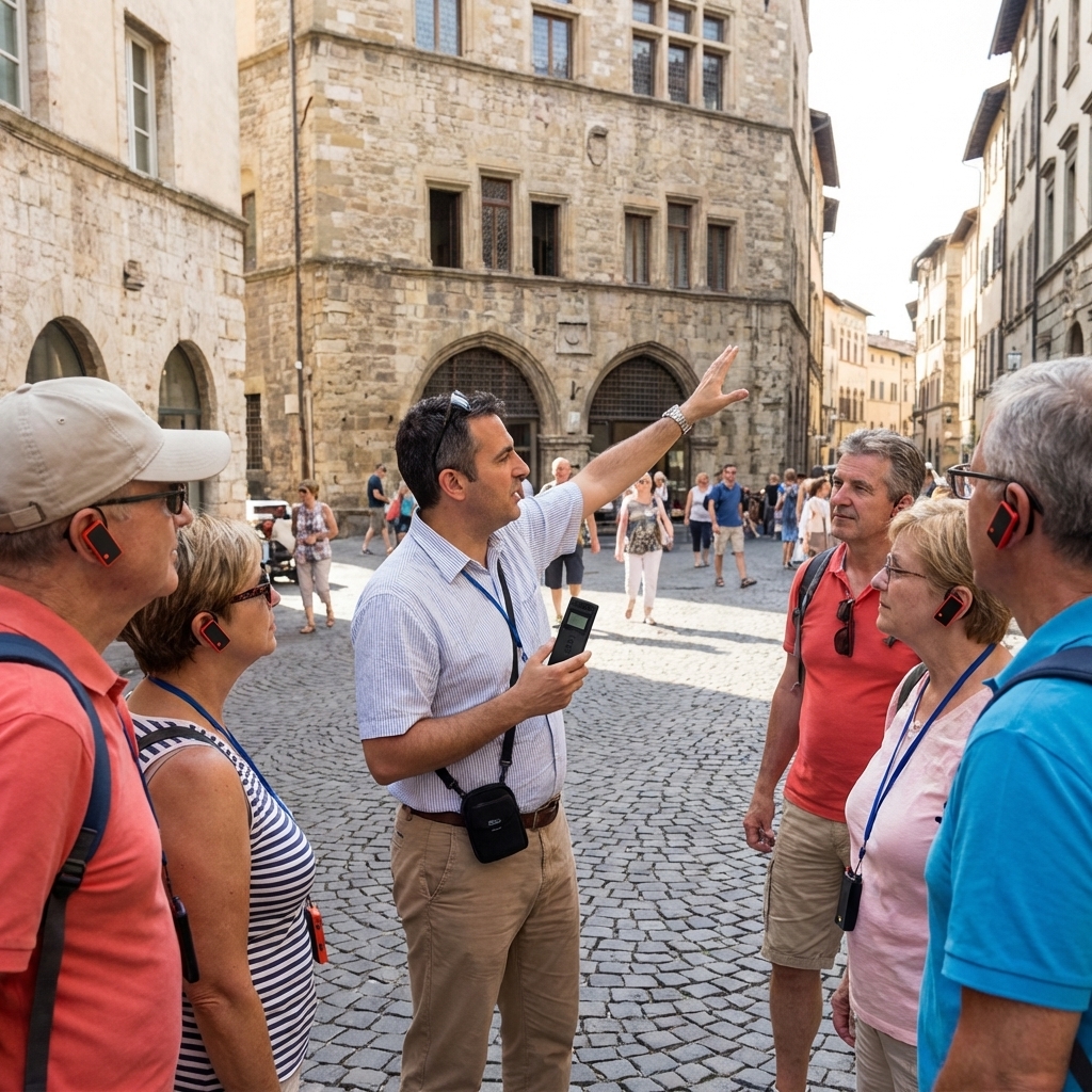 Tour guide explaining historic stone buildings to a group of tourists wearing audio guide earpieces in a cobblestone square of an Italian medieval town