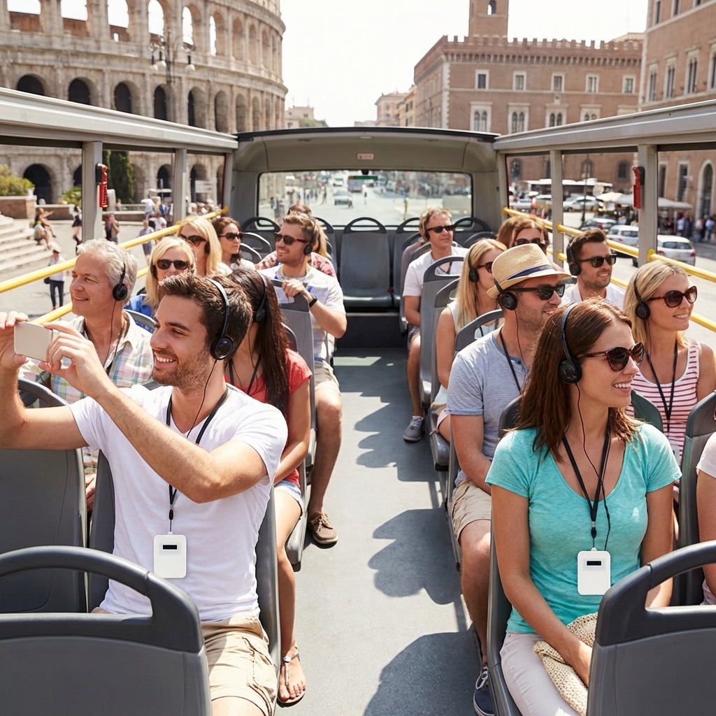 Senior tourists on an open-top sightseeing bus in Rome wearing wireless audio guide earpieces and lanyard receivers, with ancient Roman landmarks visible in the background