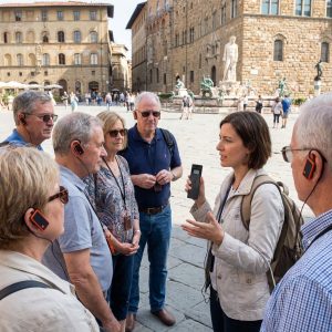 Female tour guide holding an tour guide device explains to a group of tourists with earpieces in Piazza della Signoria, Florence, with historic stone buildings and statues in the background