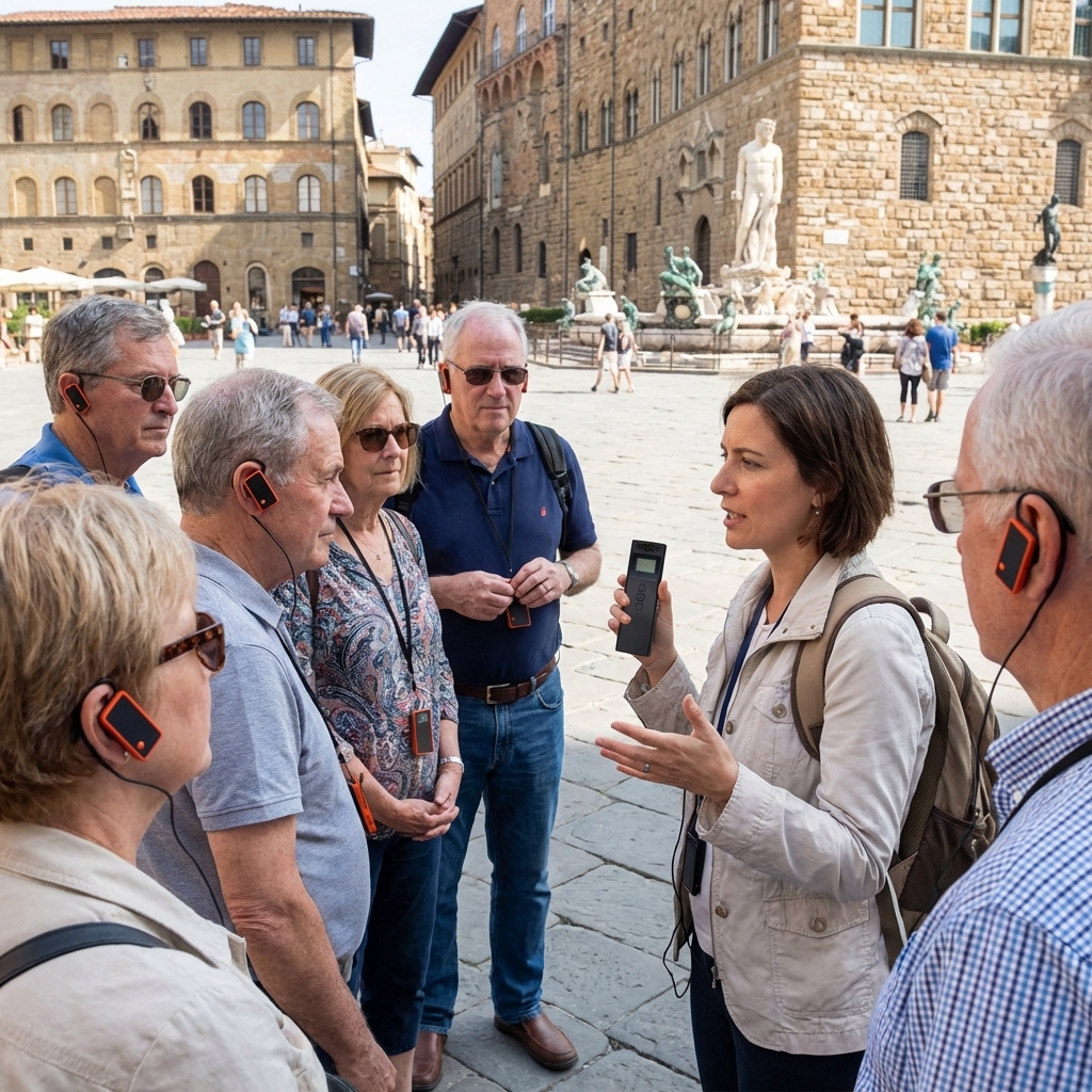 Female tour guide holding an tour guide device explains to a group of tourists with earpieces in Piazza della Signoria, Florence, with historic stone buildings and statues in the background