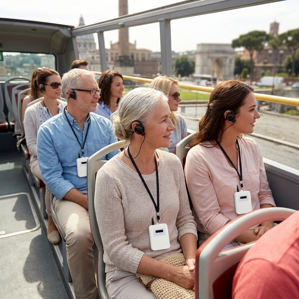 Senior tourists on an open-top sightseeing bus wearing wireless audio guide earpieces and lanyard receiver