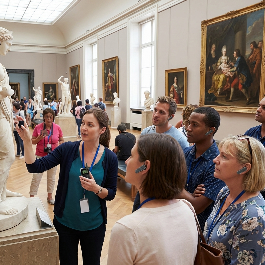 Yingmi Wireless tour guides system are utilized in museum where a guide explains artworks to visitors.