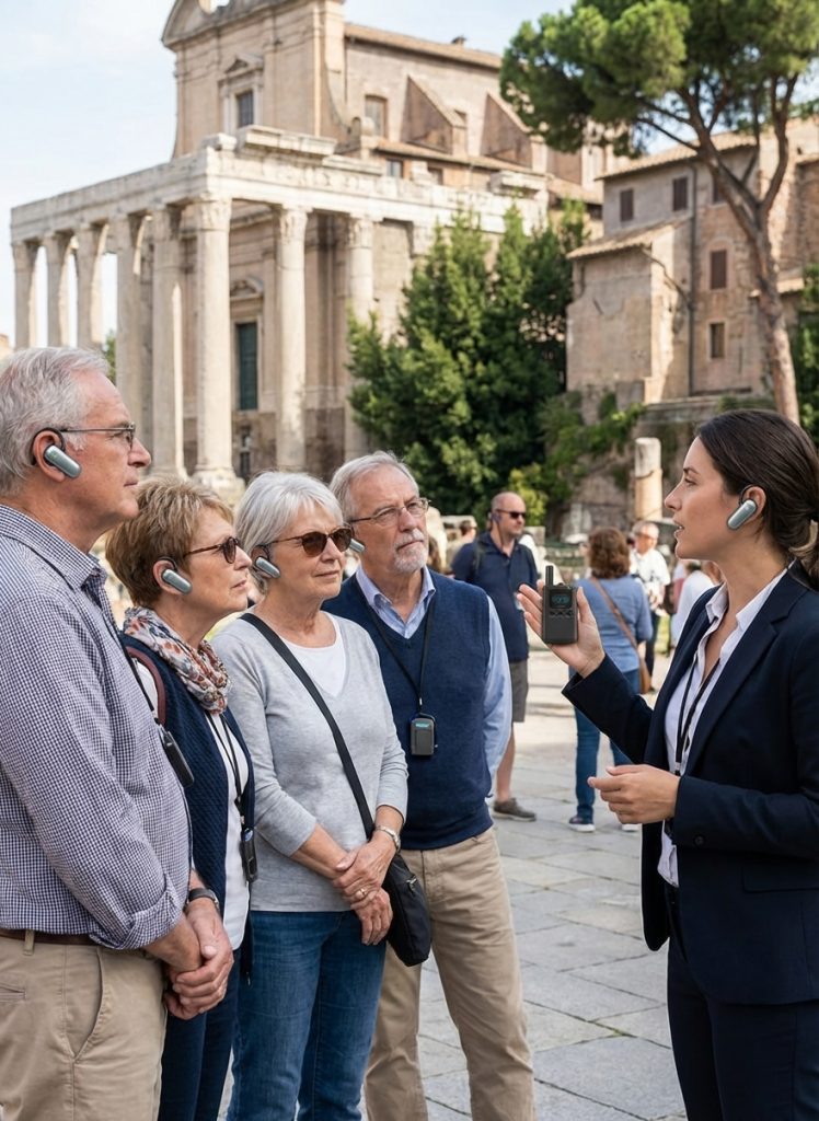 The tour guide uses the L7 device in the tourist scene to explain to the tourists.