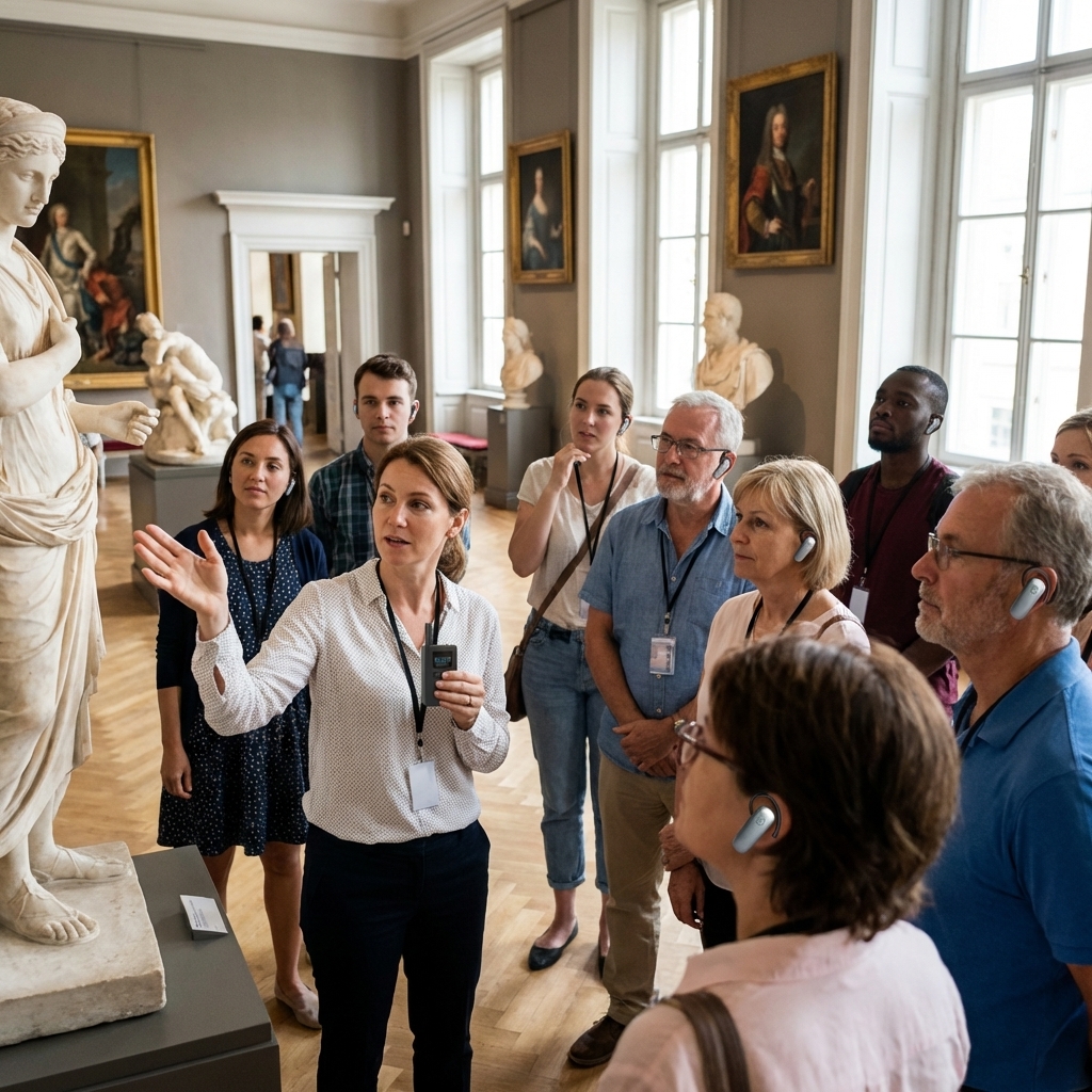 Tourists with tour guide system in an art museum tour