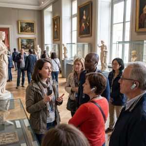 Tourists with audio guides in an art museum tour