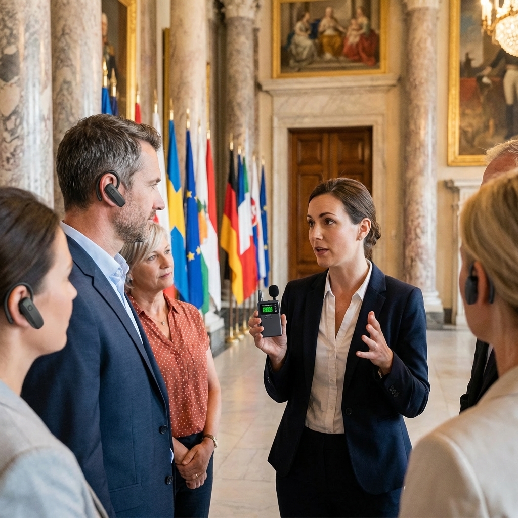 In the government reception scenario, the client uses the Yingmi wireless tour guide device.