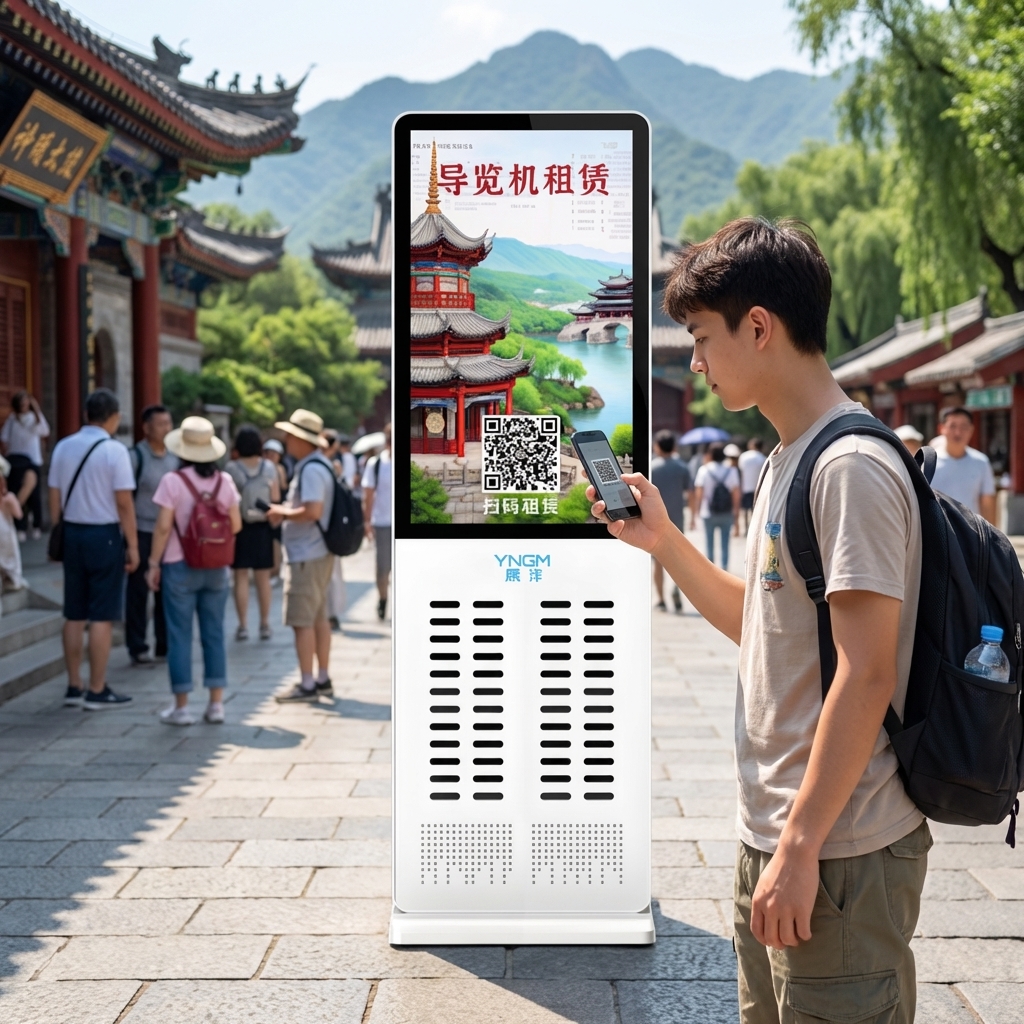 A tourist scan the qr code to rent the audio guide device.
