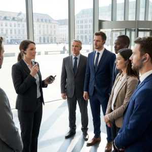 Business professional with an tour guide device presenting to a corporate and government reception group wearing earpieces in an office building with city views