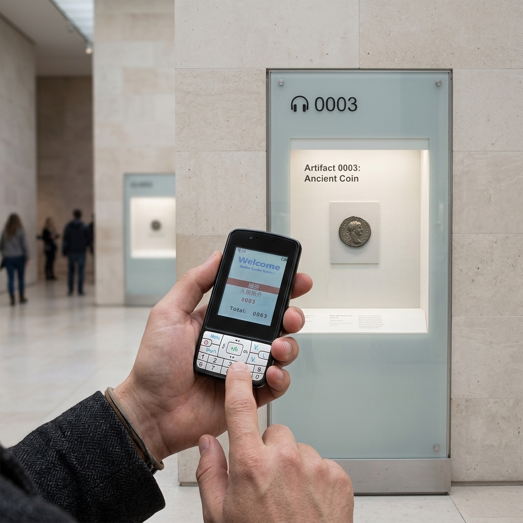 In the exhibition hall, visitors use the self-guided audio guide system to tour the exhibits.