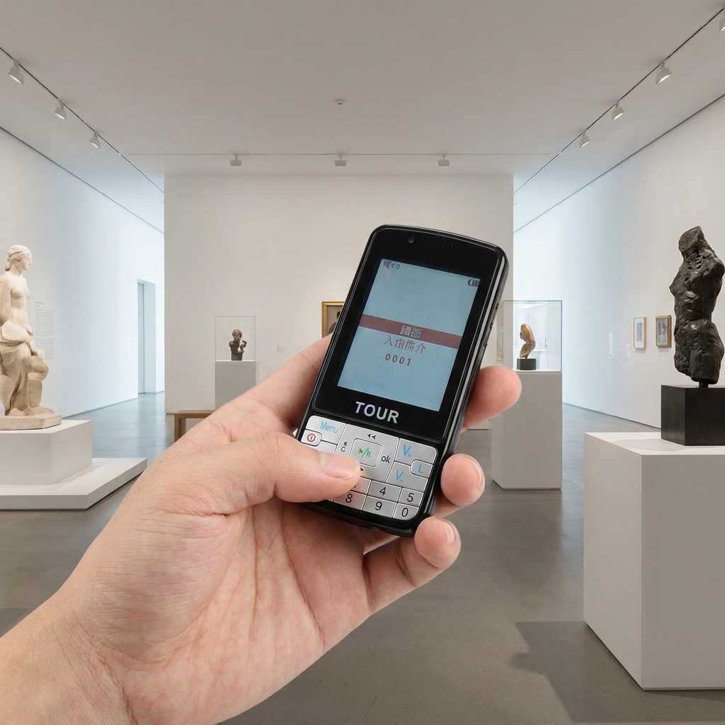 In the exhibition hall, visitors use the self-guided audio guide system to tour the exhibits.