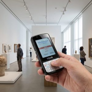 In the exhibition hall, visitors use the self-guided audio guide system to tour the exhibits.