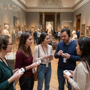 The tourists use yingmi M7 audio guide device to visit the museum.