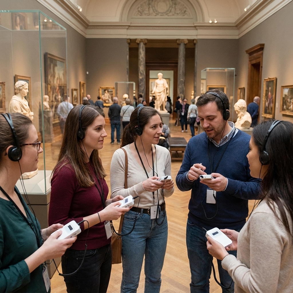 The tourists use yingmi M7 audio guide device to visit the museum.