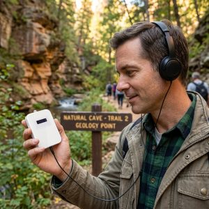 The tourists use yingmi M7 audio guide device to visit the scenic spots.