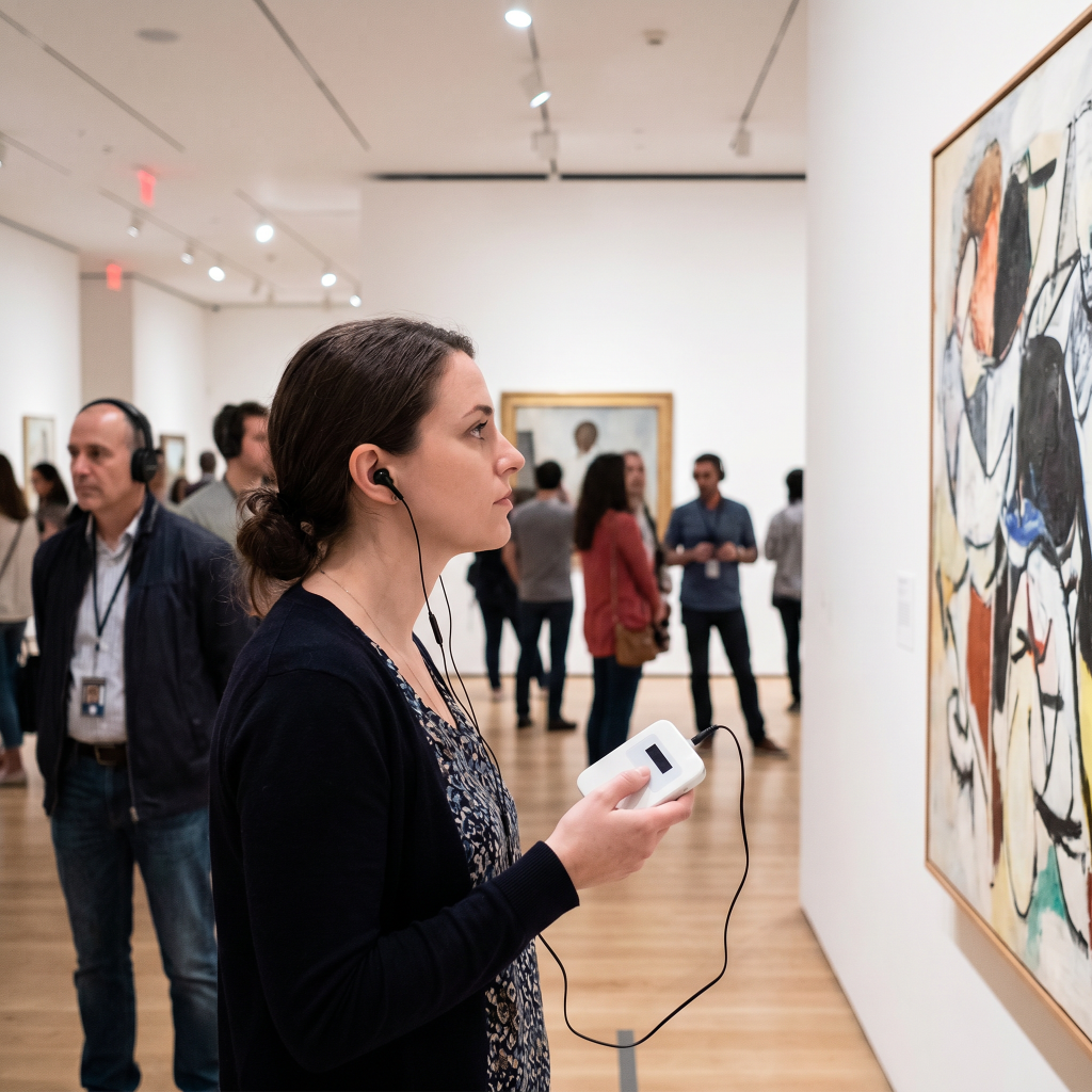 In the exhibition hall, visitors use the self-guided audio guide system to tour the exhibits.