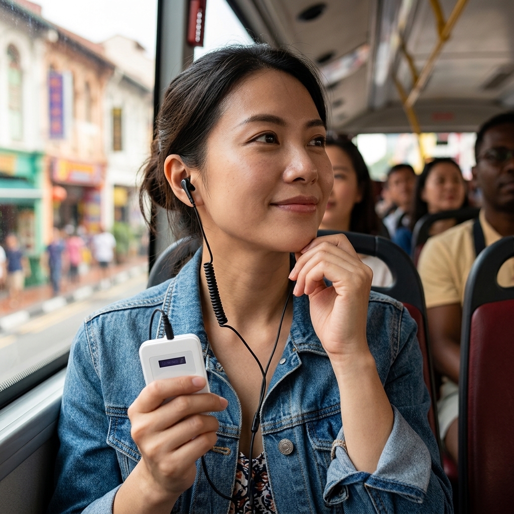 Tourists ride in tour buses and listen to explanations through self-guided audio guide devices.