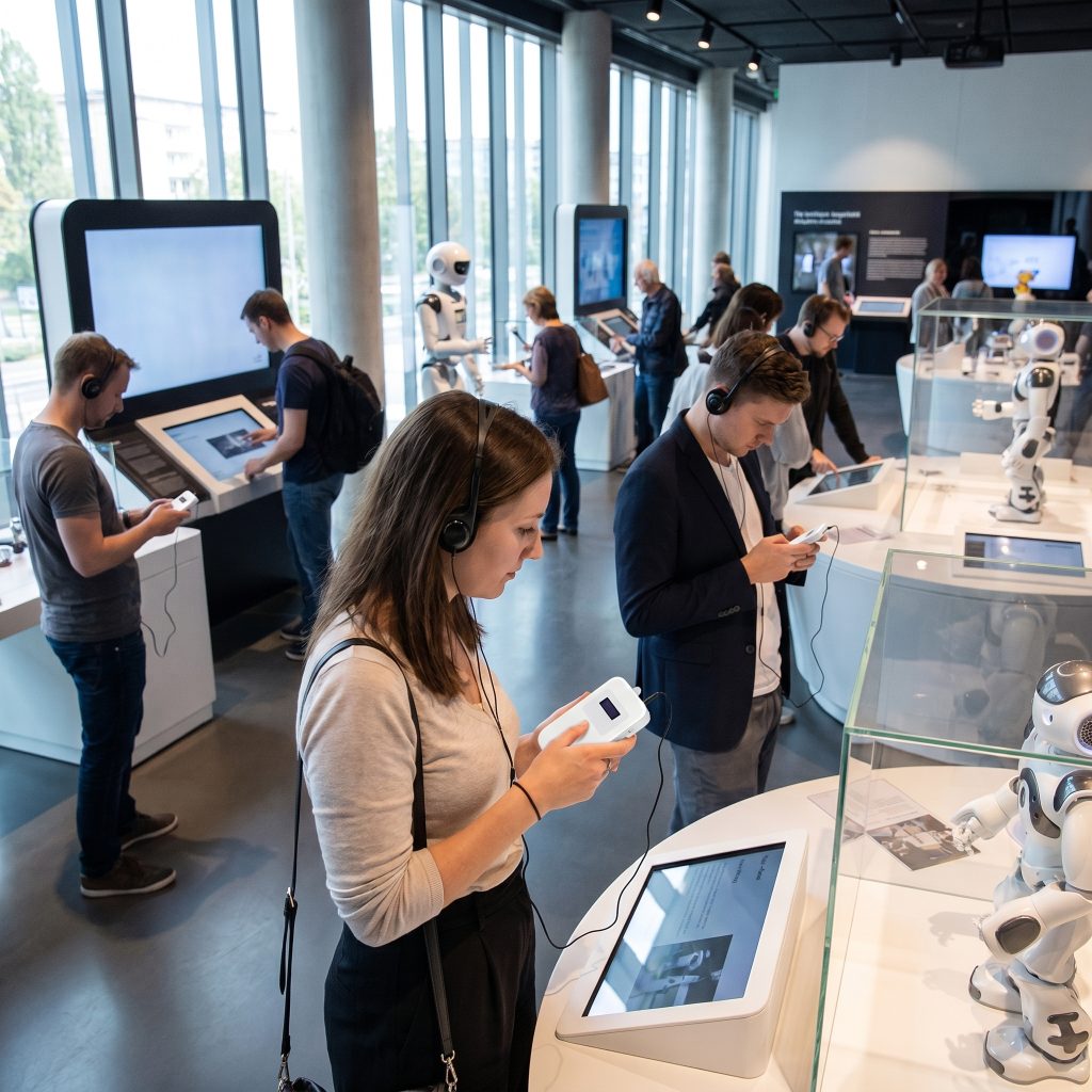 In the exhibition hall, visitors use the self-guided audio guide system to tour the exhibits.