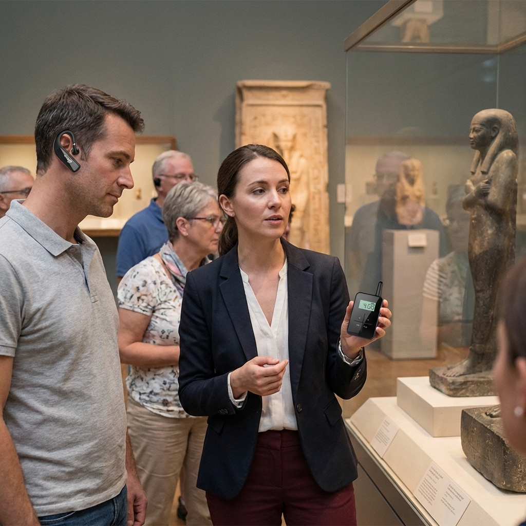 In the museum, tour guides use Yingmi tour guide system to provide commentary for visitors.