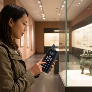 Tourist Using Yingmi BK5 Self-Guide Player to Visit Cultural Relics in Museum