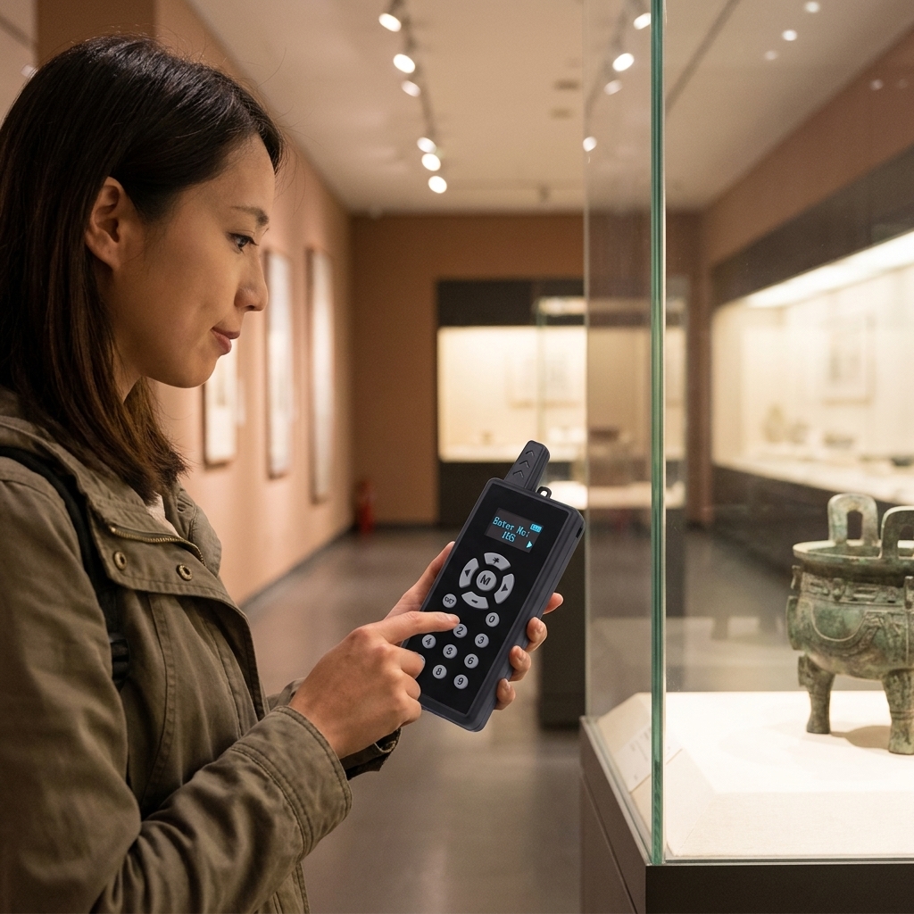 Tourist Using Yingmi BK5 Self-Guide Player to Visit Cultural Relics in Museum