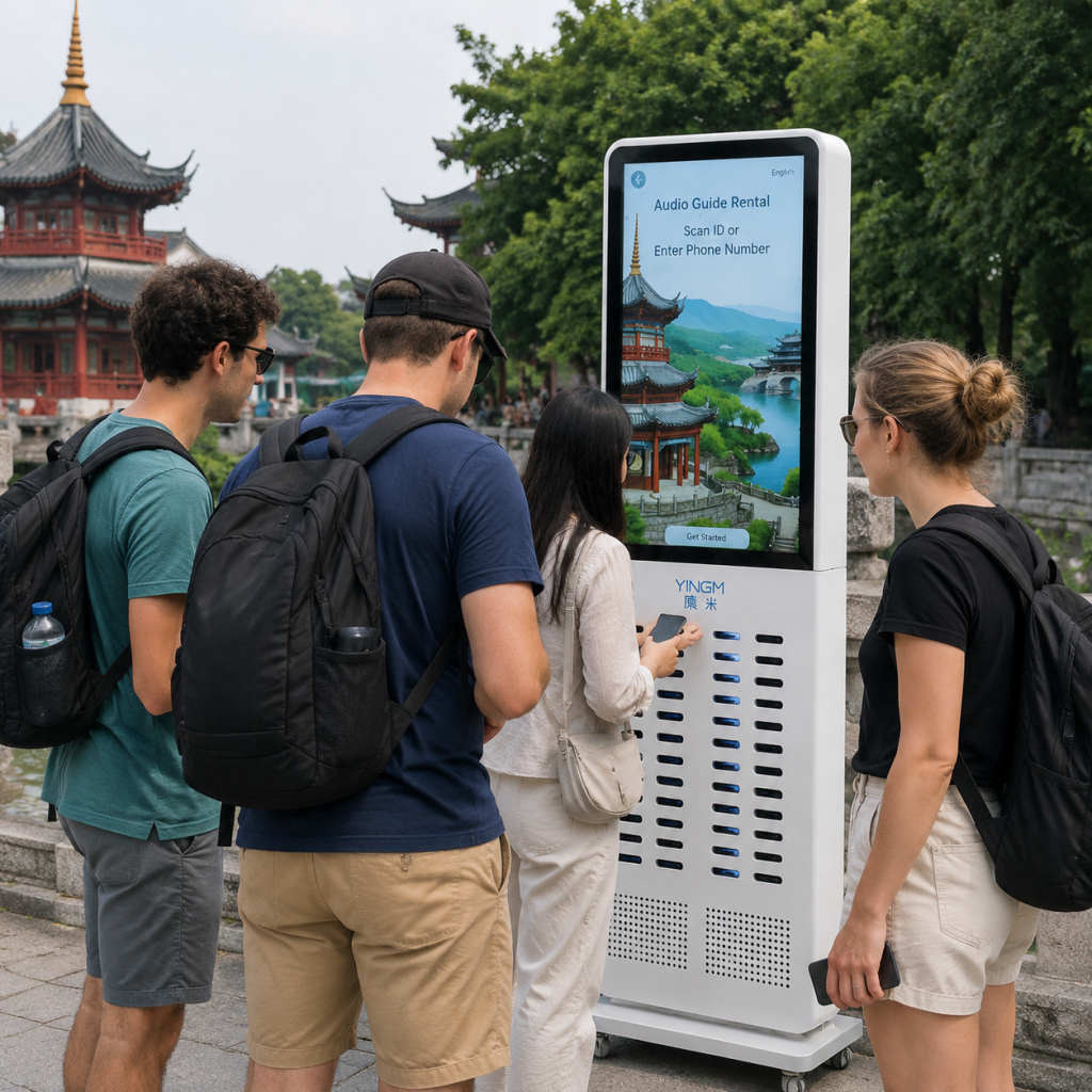 A tourist scan the qr code to rent the audio guide device.