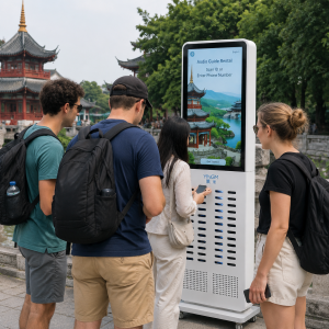 A tourist scan the qr code to rent the audio guide device.