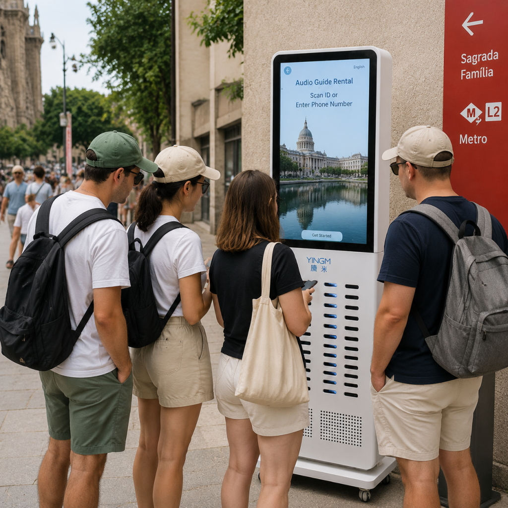 A tourist scan the qr code to rent the audio guide device.