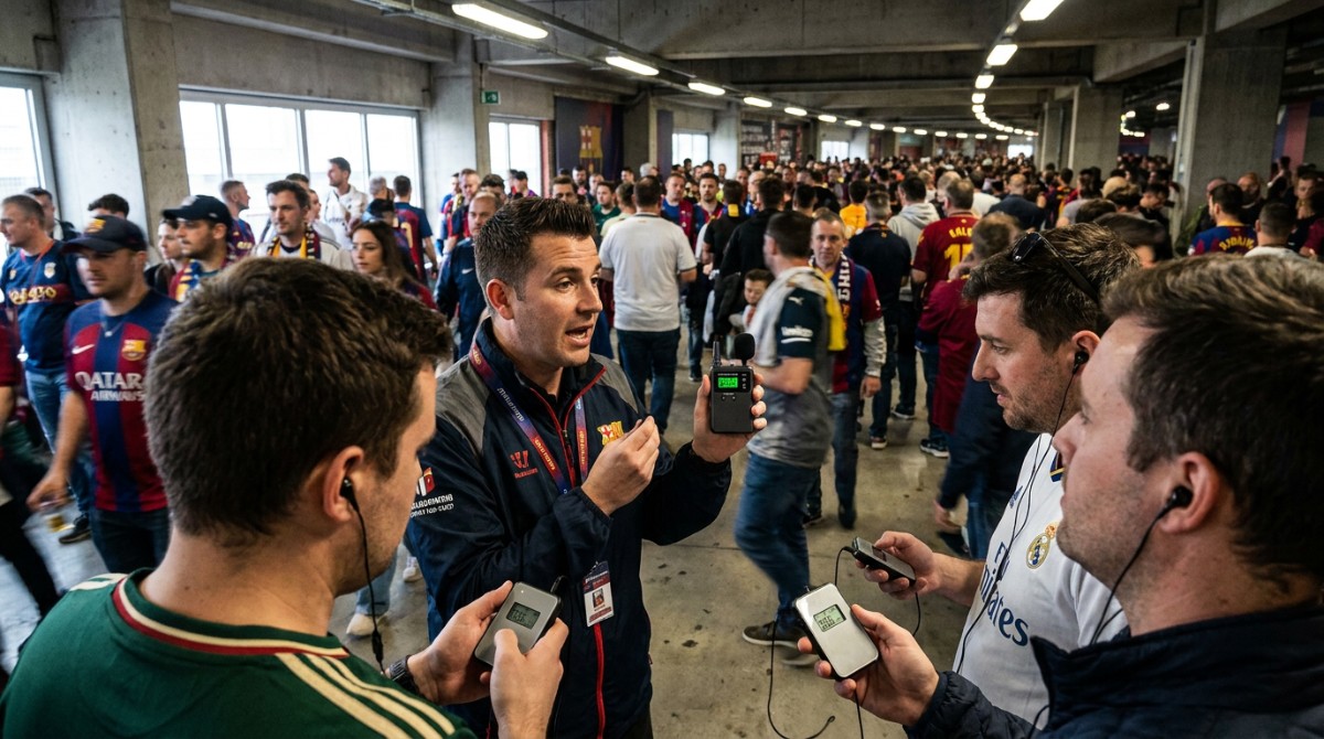 A tour guide holding a wireless transmitter leading a small group through a busy stadium concourse, visitors wearing compact audio receivers