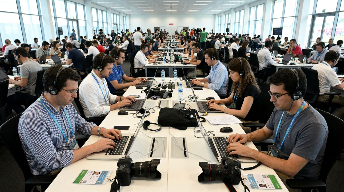 Journalists using wireless interpretation receivers in busy World Cup Main Media Centre