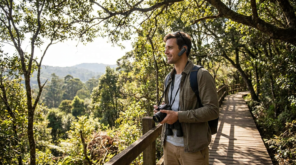 Visitor using YINGMI i7 RFID audio guide for self-paced touring in outdoor scenic area