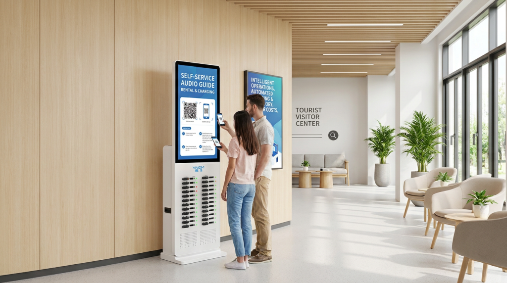 YINGMI Z-series unattended audio guide rental cabinet with auto-charging and inventory tracking for scenic parks