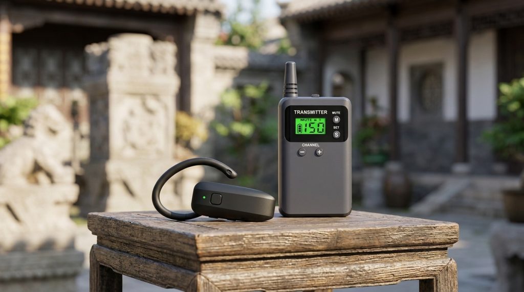 Close-up product photo of a lightweight wireless tour guide receiver and transmitter set