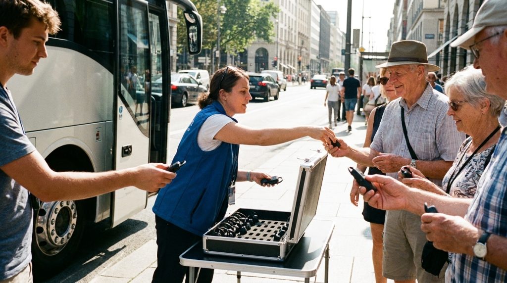 Guide quickly handing out tour guide receivers to a mixed-age group of guests