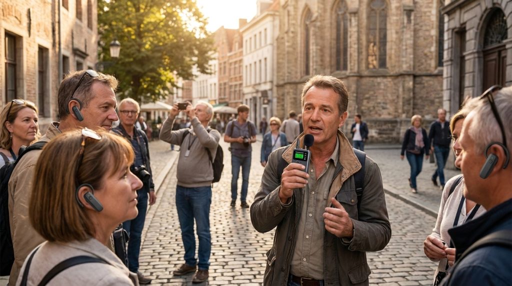 Guide speaking into a small wireless microphone at conversational volume