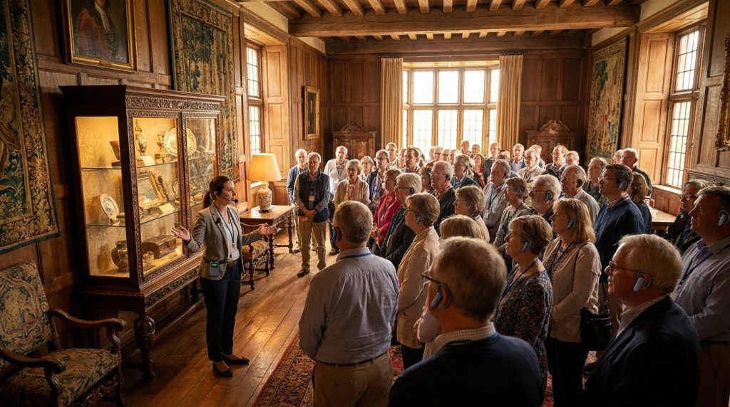Live docent leading a group tour with wireless audio receivers in a historic house museum, group-guided audio tour system in use