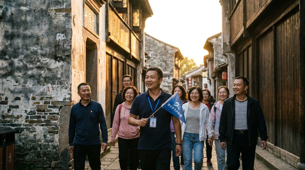 Tour group staying close together at golden hour as they finish their final stop, guide leading confidently