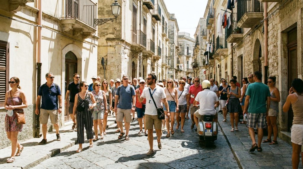 Tour guide leading a large group along a narrow old-town street, guests spread out in loose clusters