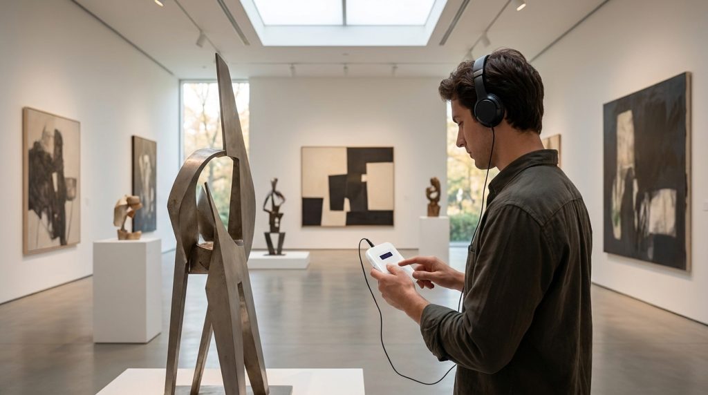 Visitor using a self-guided handheld audio tour device while exploring a contemporary art gallery exhibition independentl