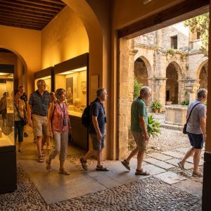 Visitors wearing wireless audio guide receivers moving from an indoor museum gallery into an open-air heritage courtyard