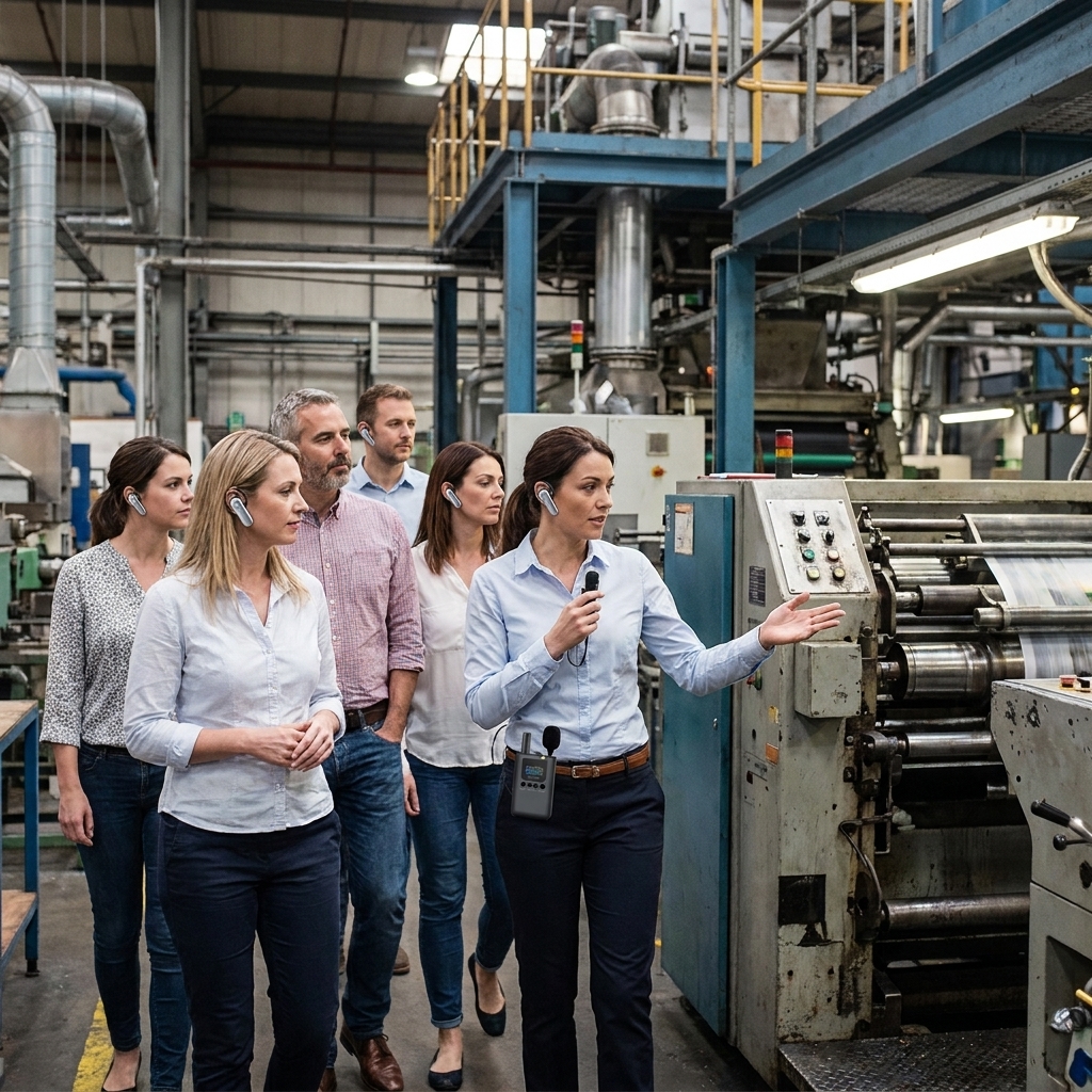 A guide wearing a wireless transmitter leads a small group through a factory facility tour