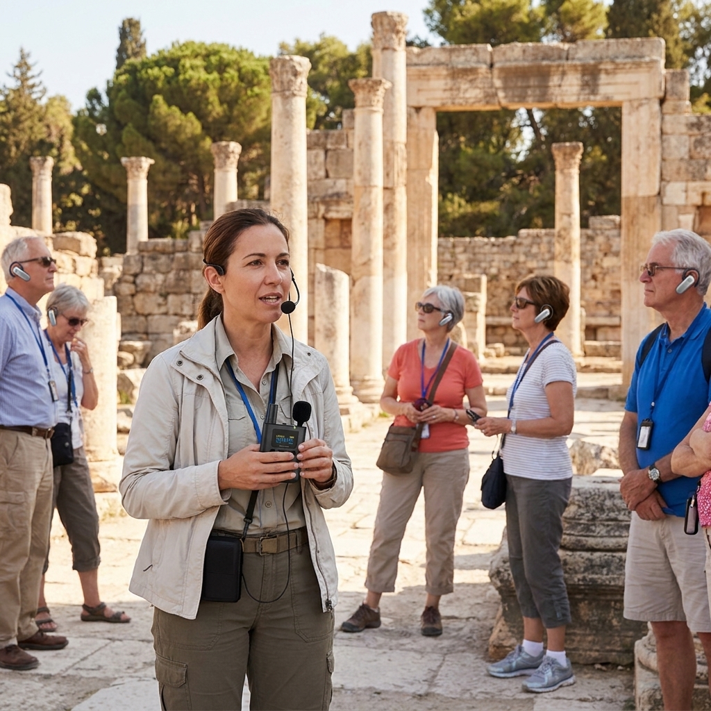 A tour guide narrating at an outdoor heritage site while guests wearing earpieces stand at a comfortable distance
