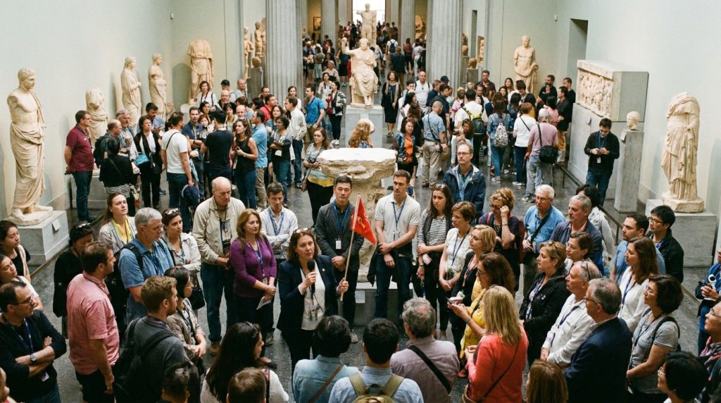 Crowded museum gallery with multiple tour groups operating simultaneously