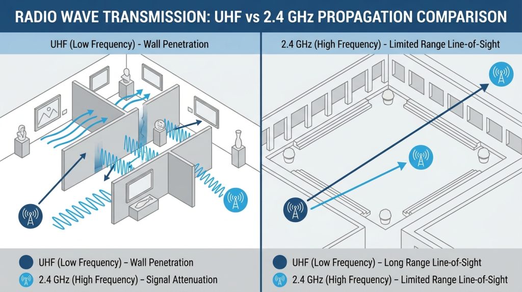 Diagram comparing UHF and 2.4GHz signal coverage indoors versus outdoors