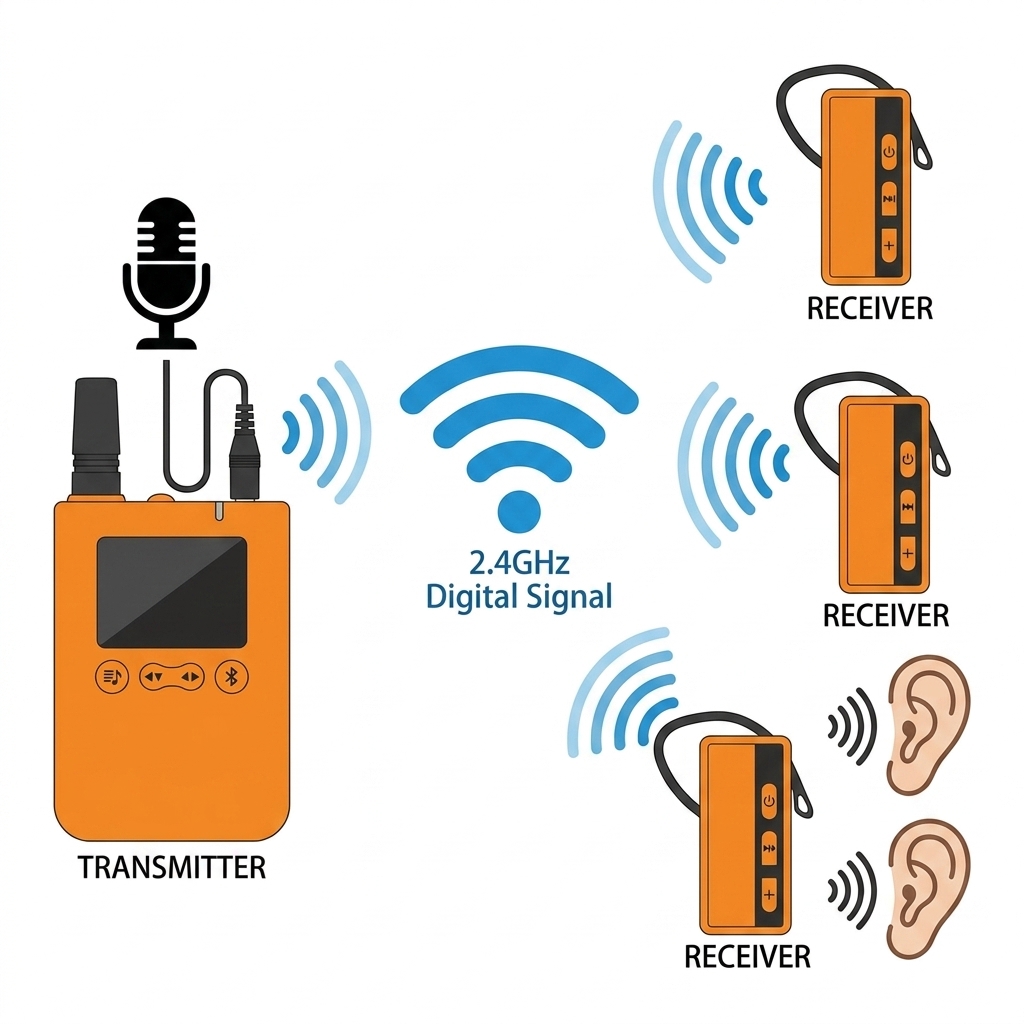 Diagram showing how a 2.4GHz wireless tour guide transmitter and receiver system works