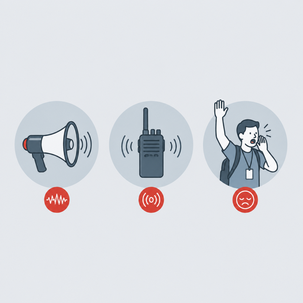 Icons comparing megaphones, analog radios, and unamplified guiding as legacy tour equipment