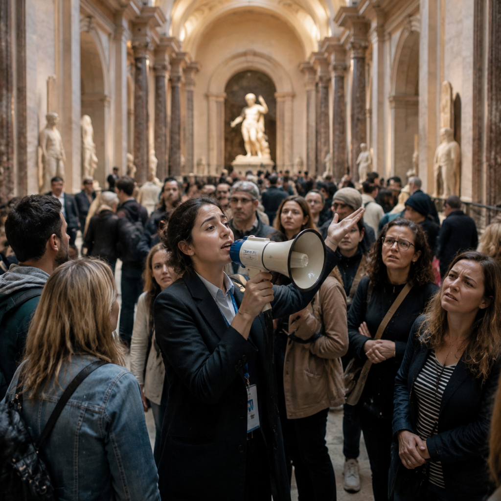 Museum guide straining to be heard using a handheld megaphone with a crowded tour group