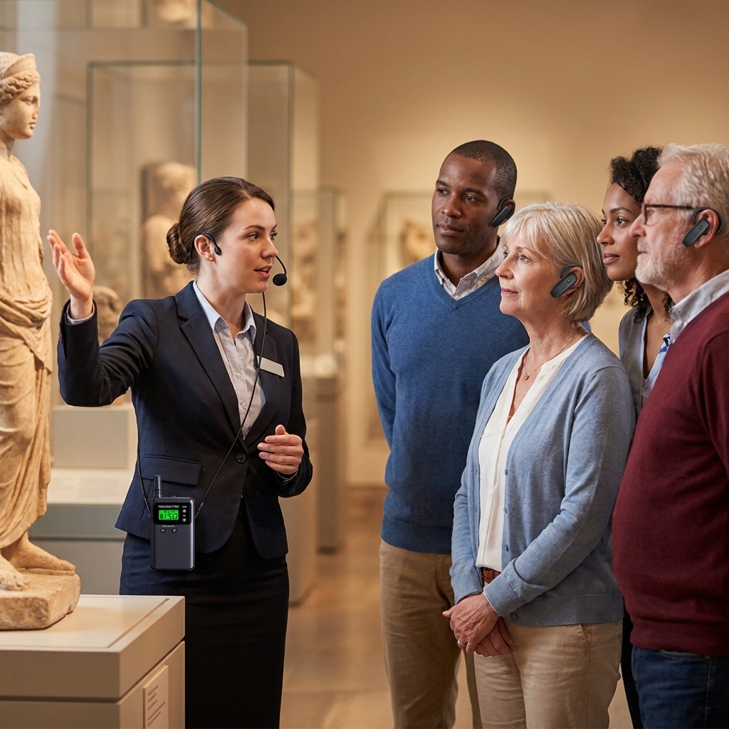 Museum guide using a wireless tour guide system to lead an international visitor group